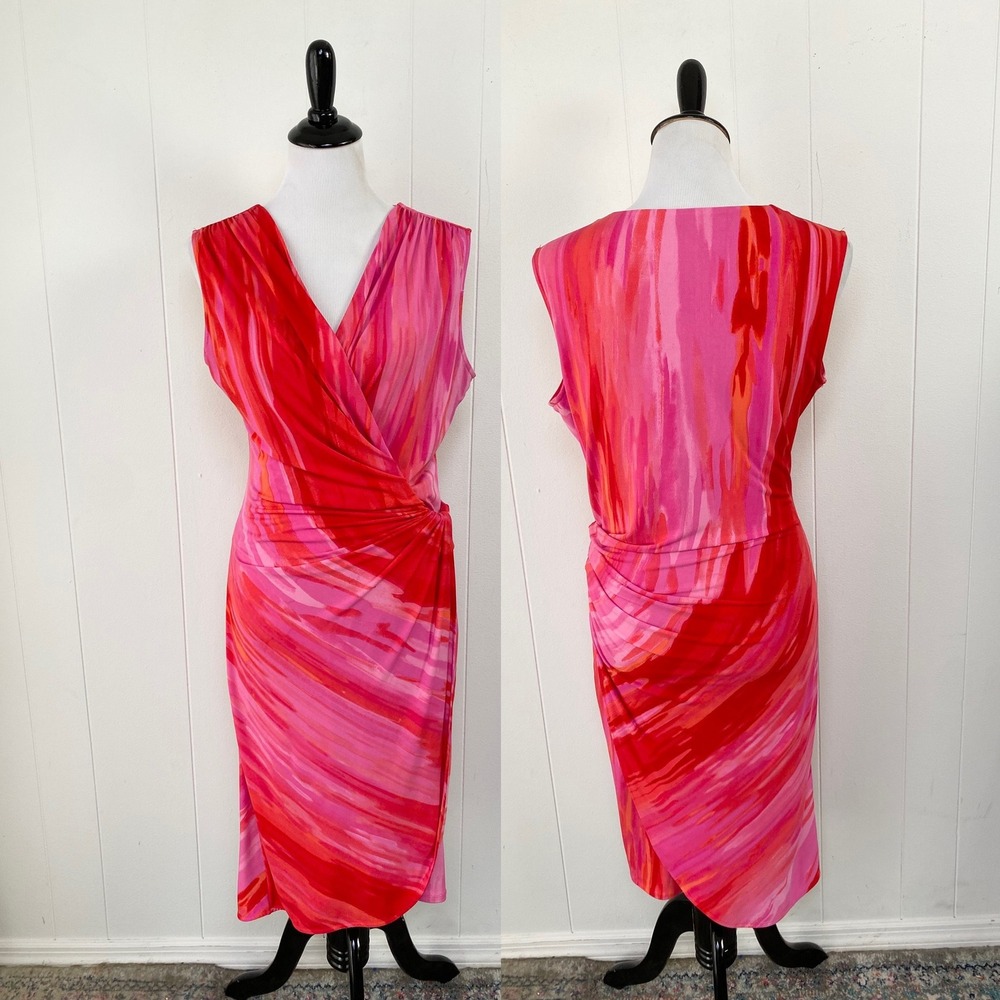 Josie Natori Pink Red Abstract Print Faux Wrap Dress Sleeveless V-Neck Medium